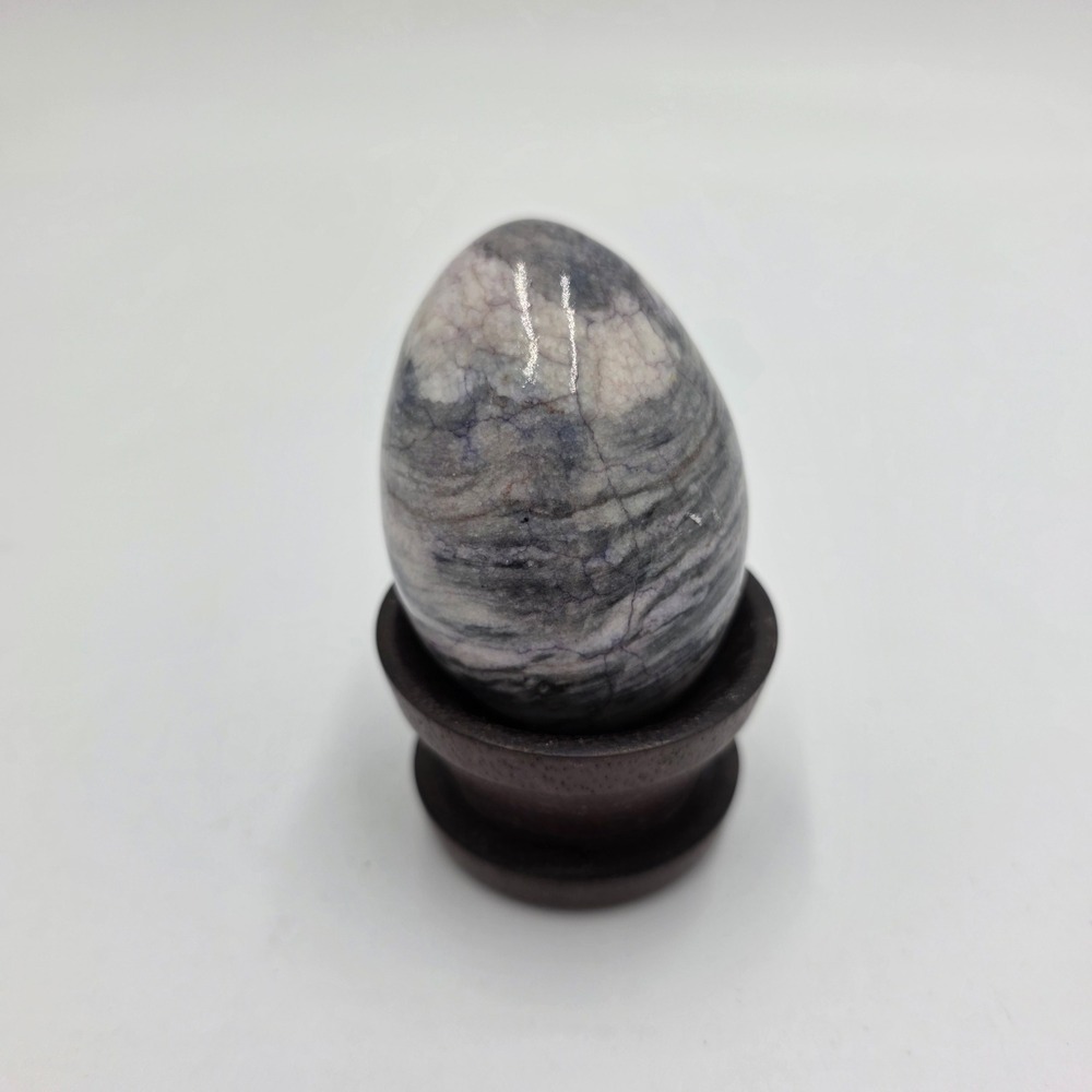 Polished Stone Egg Lot w/ Sphere & Stand – Decorative Natural Stone Set of 3 - Picture 3 of 4